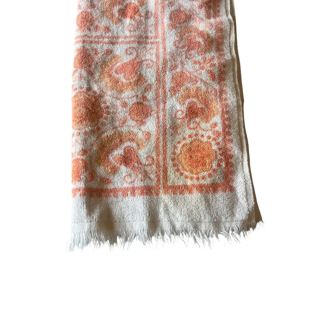 Vintage Royal Terry of California 1960s Hand Towel Orange Paisley Floral Fringe